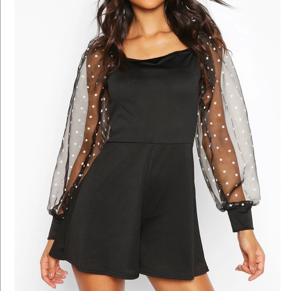 BooHoo Tall Polka Dot Organza Sleeve Romper - Picture 6 of 8